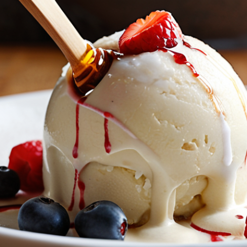 Home 4 **Coconut Cream Dessert:** Close-up shot of a creamy, vegan coconut milk ice cream, garnished with fresh berries and a drizzle of honey. Focus on the rich texture and appealing presentation, perhaps with a backdrop suggesting a healthy, natural kitchen setting.