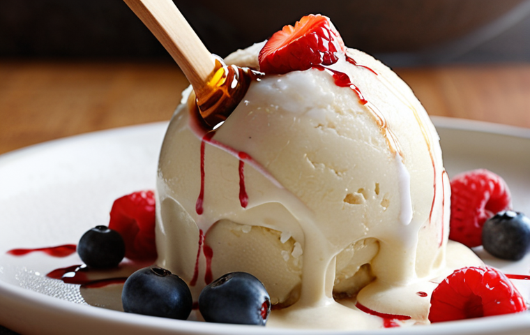 **Coconut Cream Dessert:** Close-up shot of a creamy, vegan coconut milk ice cream, garnished with fresh berries and a drizzle of honey. Focus on the rich texture and appealing presentation, perhaps with a backdrop suggesting a healthy, natural kitchen setting.
